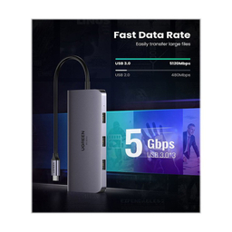 هاب 3 پورت Type C به 3.0 USB با یک پورت HDMI و VGA و LAN و درگاه کارت حافظه و قابلیت PD یوگرین مدل CM179