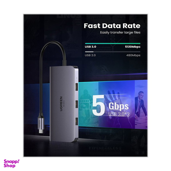 هاب 3 پورت Type C به 3.0 USB با یک پورت HDMI و VGA و LAN و درگاه کارت حافظه و قابلیت PD یوگرین مدل CM179