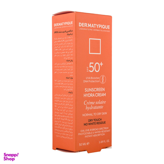 کرم ضد آفتاب Spf50 درماتیپیک مدل Hydra بی رنگ مناسب پوست خشک حجم 50 میلی لیتر