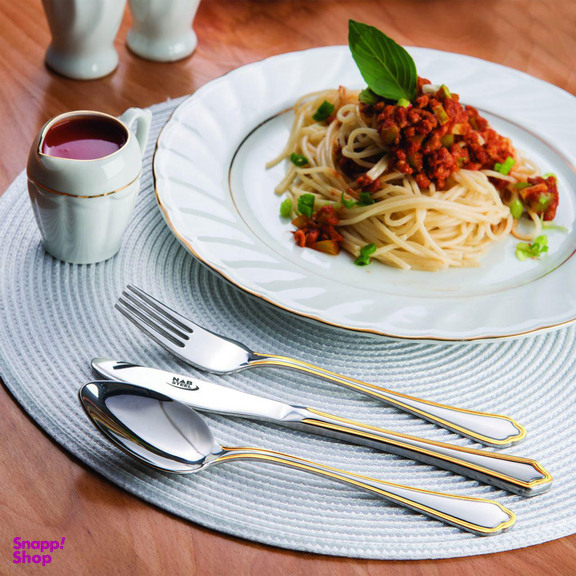 سرویس قاشق و چنگال 57 پارچه ناب استیل مدل ونیز دور طلایی